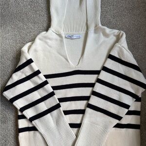 Zara Cream and Black Striped V-Neck Sweater